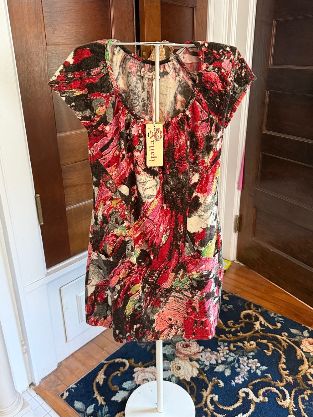 Aryeh Red, Black & Cream Abstract‎ Cap-Sleeve dress- NWT.